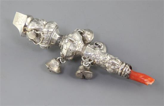A 19th century silver childs rattle, 12.3cm.